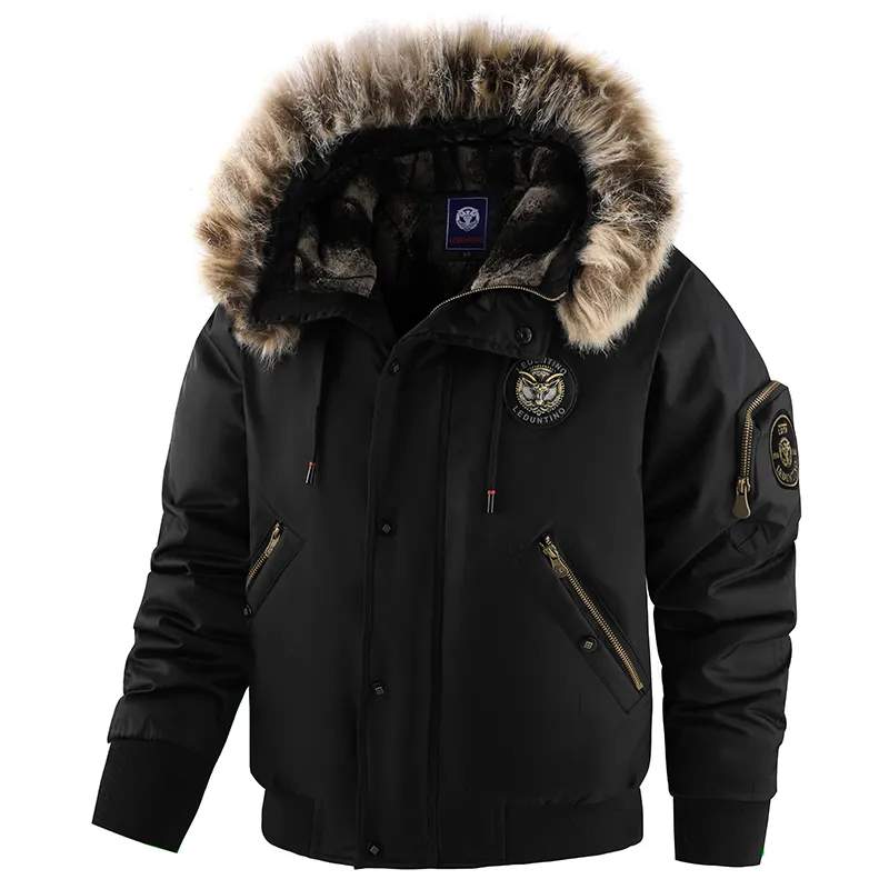 Black acket with Detachable Faux Fur Trimmed Hooded Cold Fashion