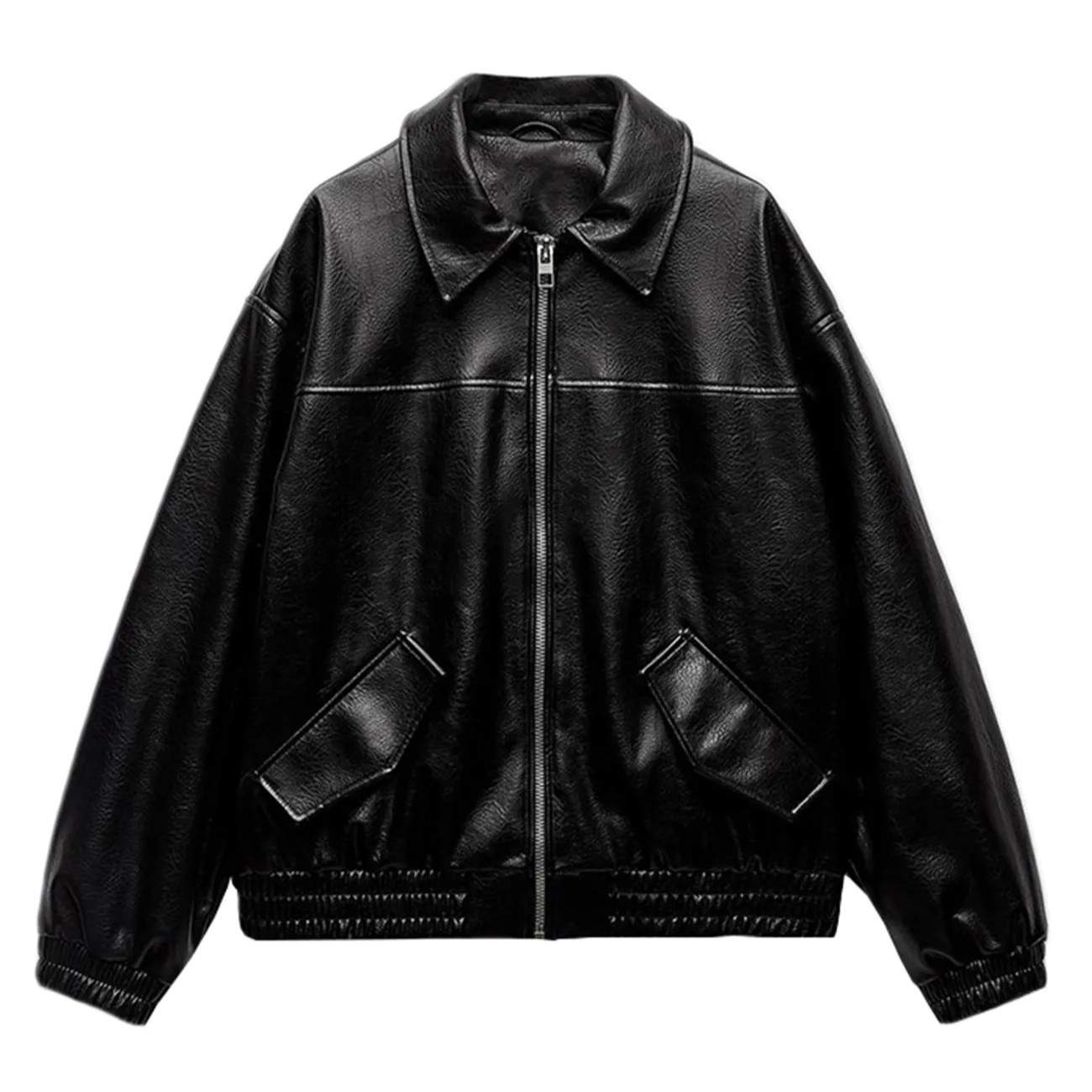 Womens Faux Leather Jacket Long Sleeve Zip Up Casual